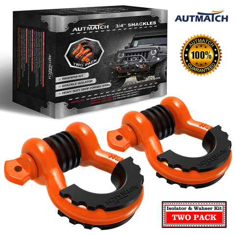AUTMATCH 3/4" D Ring Shackle (2 Pack) 41,887Ib Break Strength with 7/8" Screw Pin and Isolator & Washer Kit Orange