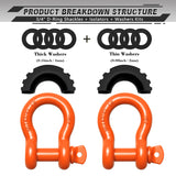 AUTMATCH 3/4" D Ring Shackle (2 Pack) 41,887Ib Break Strength with 7/8" Screw Pin and Isolator & Washer Kit Orange