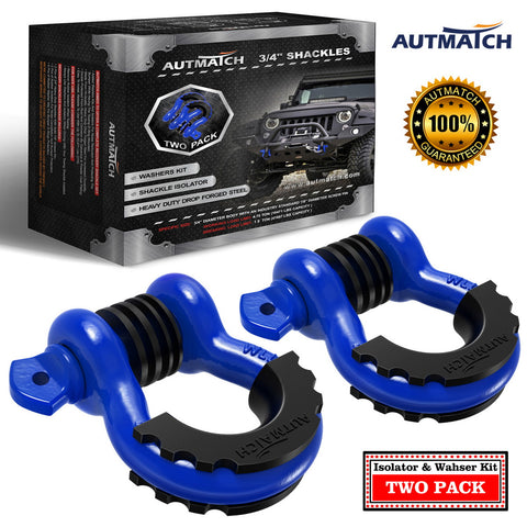 AUTMATCH 3/4" D Ring Shackle (2 Pack) 41,887Ib Break Strength with 7/8" Screw Pin and Isolator & Washer Kit Blue