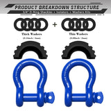 AUTMATCH 3/4" D Ring Shackle (2 Pack) 41,887Ib Break Strength with 7/8" Screw Pin and Isolator & Washer Kit Blue