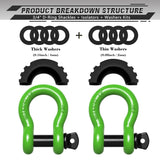 AUTMATCH 3/4" D Ring Shackle (2 Pack) 41,887Ib Break Strength with 7/8" Screw Pin and Isolator & Washer Kit Green & Black