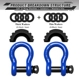AUTMATCH 3/4" D Ring Shackle (2 Pack) 41,887Ib Break Strength with 7/8" Screw Pin and Isolator & Washer Kit Blue & Black