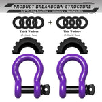 AUTMATCH 3/4" D Ring Shackle (2 Pack) 41,887Ib Break Strength with 7/8" Screw Pin and Isolator & Washer Kit Purple & Black
