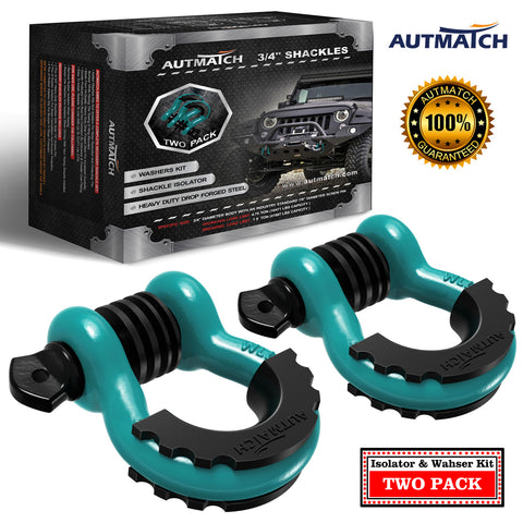 AUTMATCH 3/4" D Ring Shackle (2 Pack) 41,887Ib Break Strength with 7/8" Screw Pin and Isolator & Washer Kit Teal & Black