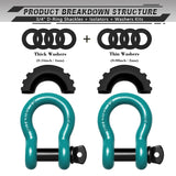 AUTMATCH 3/4" D Ring Shackle (2 Pack) 41,887Ib Break Strength with 7/8" Screw Pin and Isolator & Washer Kit Teal & Black