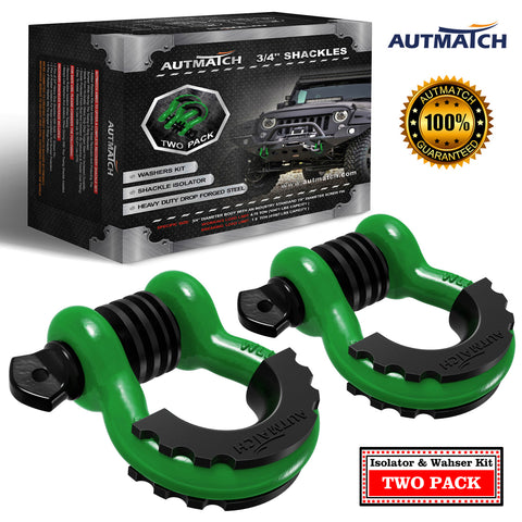 AUTMATCH 3/4" D Ring Shackle (2 Pack) 41,887Ib Break Strength with 7/8" Screw Pin and Isolator & Washer Kit Dark Green & Black