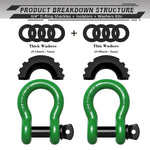 AUTMATCH 3/4" D Ring Shackle (2 Pack) 41,887Ib Break Strength with 7/8" Screw Pin and Isolator & Washer Kit Dark Green & Black