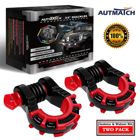 AUTMATCH Shackles 3/4" D Ring Shackle (2 Pack) 68,000Ibs Break Strength with Shackle Isolator & Washers Kit Black & Red