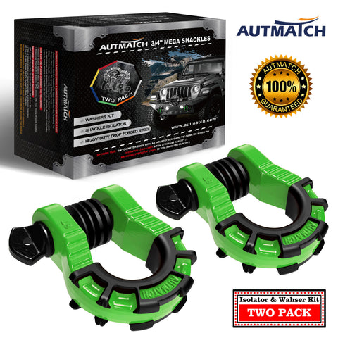 AUTMATCH Shackles 3/4" D Ring Shackle (2 Pack) 68,000Ibs Break Strength with Shackle Isolator & Washers Kit Green & Black