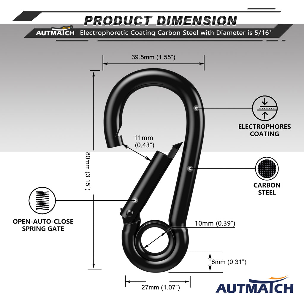 AUTMATCH Carabiner Clips, 3 Stainless Steel Spring Snap Hook